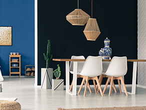 Dark bold dining room with blue & white